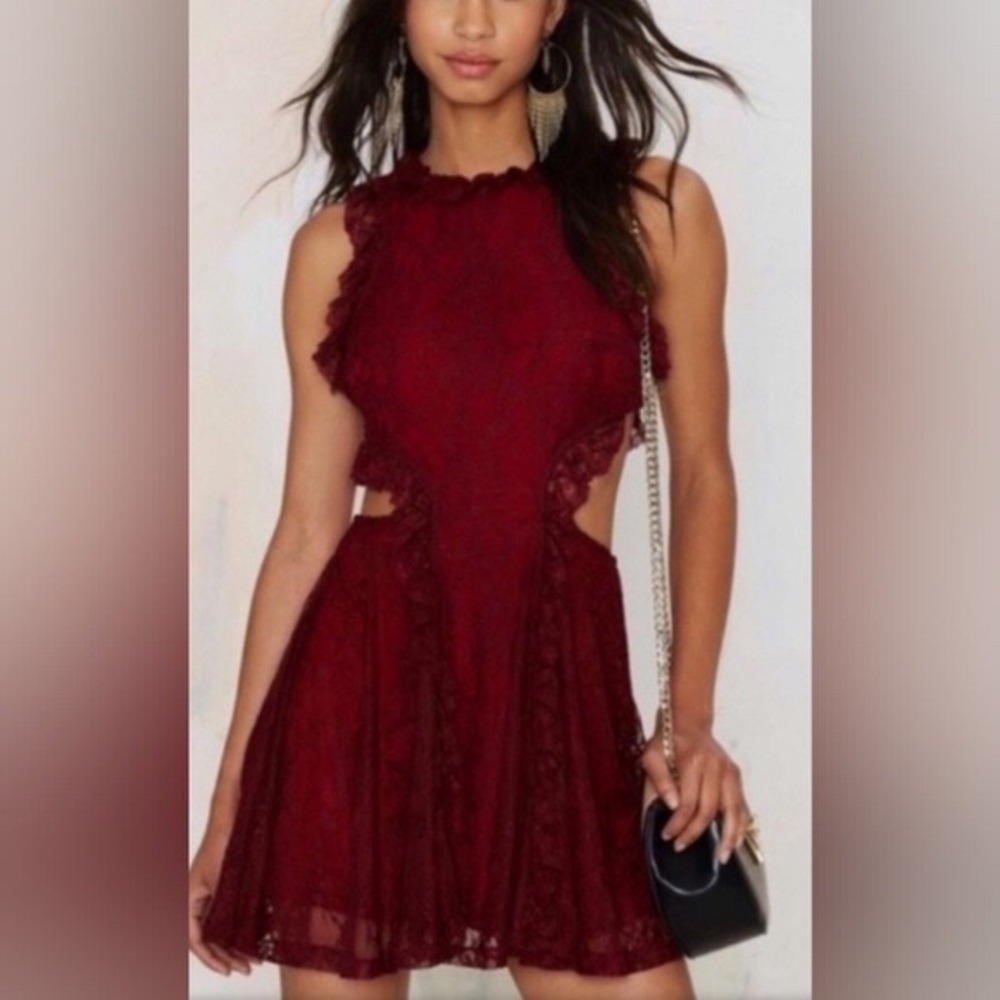 Nasty Gal Lace Mini Dress Ruffle Trim Cut Out Party Cocktail Red S